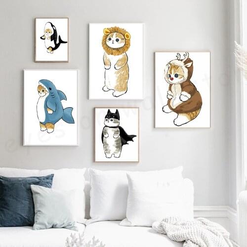 Kawaii Cat Wearing Animal Cloth Nordic Posters and Prints Sharks and Rabbit Cover Decorative Picture Modern Room Home Decor