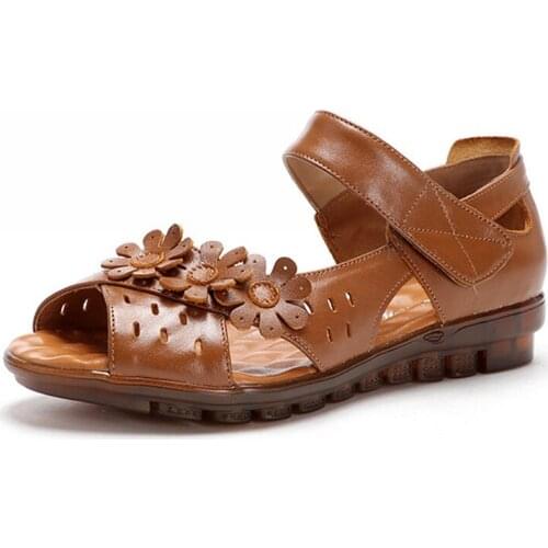 Ladies Hollow Genuine Leather Footwear Breathable Flat Sandals Summer Women Shoes Woman Casual Solid Buckle Strap Ladies Sandals