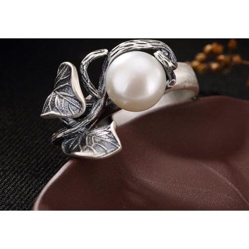 Thailand Handmade Real 990 Sterling Silver Adjustable Ring For Women Elegance Engagement Leaf Pearl Ring Fine Jewelry