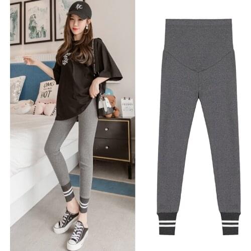 2020 Pregnant Women Spring And Autumn Abdominal Casual Pants Striped Hem Patchwork Knittin Cotton Belly Trousers Skinny Leggings