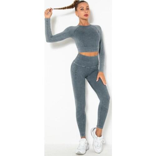 Jacquard Seamless Yoga Set Sport Outfits Women Long Sleeve Top High Waist Leggins Workout Gym Suit Fitness Sport Sets Water Wash