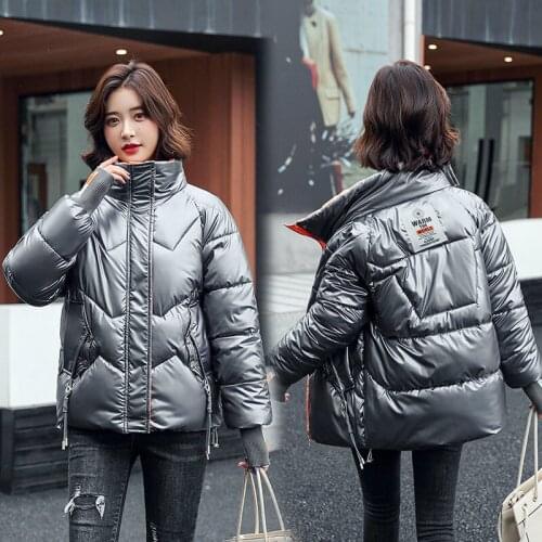 2021 Womens Short Parka Waterproof Jacket Womens Loose A-line Cotton Padded Coat Stand Collar Glossy Fashion Clothing