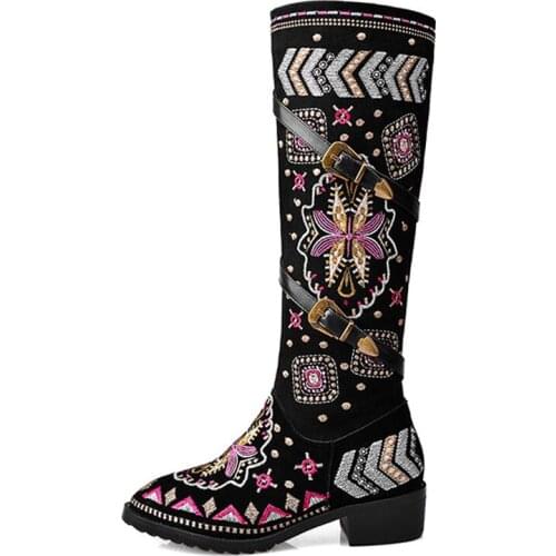 Natural Nubuck leather Womens Boots Autumn 2021 New Embroidery Ethnic Style Knight Boots Women Shoes Black Plus Size 34-46