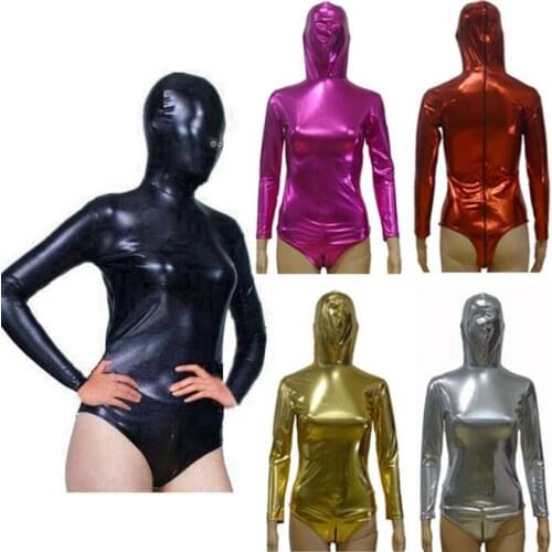 Women PVC Leather Catsuit Sexy Lingerie Faux Leather Night Club Bodysuit Gay Fetish Hooded Jumpsuit Zipper Erotic Wear Costumes