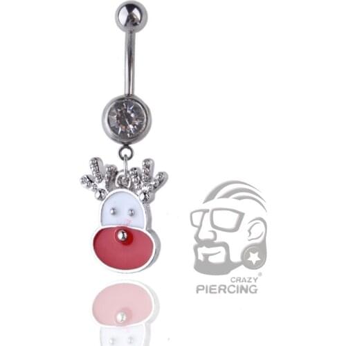 2018 Trendy Crystal Red White Deer Head Belly Bar Navel Belly Button Ring Belly Ring Piercing Jewelry Christmas Gift