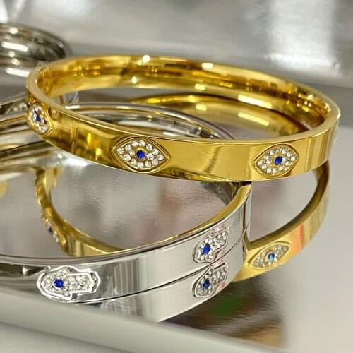 2021 New arrived fashion women Gold Plated Micro Pave Clear Blue CZ Lucky Turkish Evil Eye Hamsa Hand Bangle Bracelets jewelry