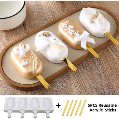 4/8 Cell Silicone Popsicle Mold with 5PCS Acrylic Sticks Homemade Ice cream Maker For kids Family Food grade Mould For Ice Pops