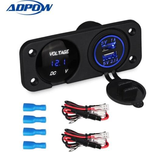 ADPOW Waterproof Dual USB Car Charger With Voltmeter Auto Cigarette Lighter Charger Socket Motorcycle 12V