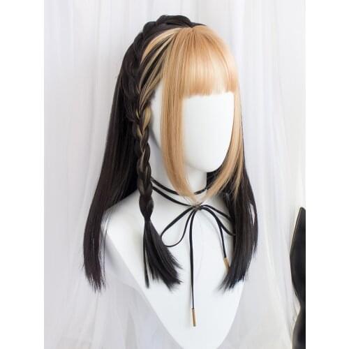 Black Blonde Lolita Wig Harajuku Fairy Cosplay Hair Golden Bangs 50cm Long Straight Sweet Adult Chic Girls Casual Wear