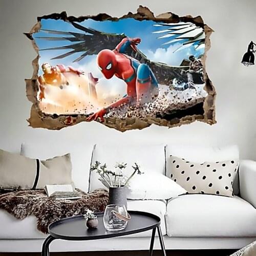 Cartoon spiderman iron man wall decals for kids rooms decor 3d effect decorative wall stickers diy posters gift pvc mural art