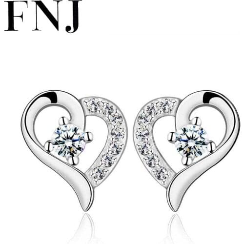 FNJ Heart Earrings 925 Silver Jewelry Original Pure S925 Sterling Silver Stud Earring for Women White Zircon