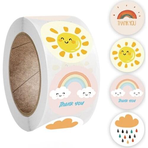 500 Pcs Round Cartoon Thank You Stickers Cute Sun Rainbow Clouds Sticker For Handmade Gift Decor Labels Kids Reward Stickers