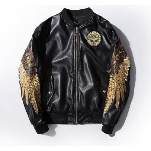 YuWaiJiaRen New 2018 Spring Autumn Fahion Bomber jaccket Men Pilot Embroidery Mandarin Collar Wing PU Leather Motorcycle Jackets
