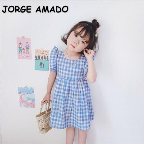 2021 Hot Sale New Summer Kids Girl Dress Plaid Flying Sleeves Criss-cross Open Back Toddler Sundress Preschool Vestidos E182