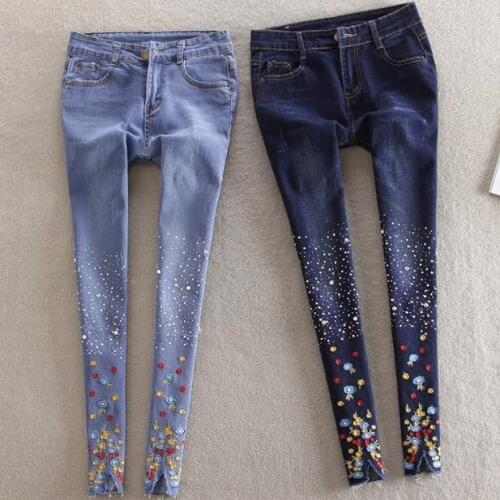 Plus size 26-34! spring women jeans fashion embroidery flowers hot drilling diamond skinny denim pants