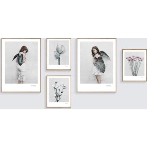 Nordic Modern Art Canvas Painting Angel Girl Flowers Grey Style Posters and Print Figure Painting Wall Pictures for Living Room