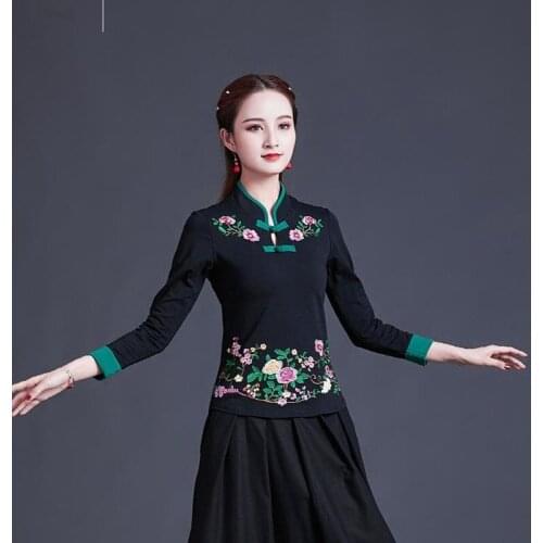 Cheongsam Top Traditional Chinese Clothes For Women Long Sleeve Shirt Cotton Vintage Clothing Top Tee Blouse Shirt KK3682