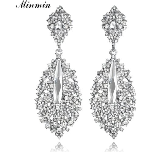 Minmin Dangle Leaves Earrings for Women Wedding Accessories Top Crystal Bridal Jewelry Long Drop Earrings EH214