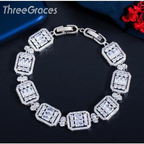 ThreeGraces Elegant Shiny Cubic Zirconia Crystal Big Square Shape Link Chain Bracelets for Women Wedding Party Jewelry BR151