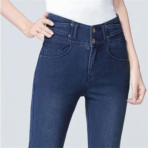 Free shipping womens spring and autumn double-breasted jeans high waist slim stretch thin pencil pants