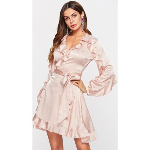 2020 Spring Women Dress Elegant Long Sleeve Fashion Sexy V Neck Asymmetrical Dress Ruffle Sheath Bodycon Party Dress Vestidos