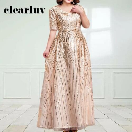 Gold A-Line Robe De Soiree DR1040 Sparkling Sequin Evening Dress V-Neck Half Sleeve Women Party Dresses Plus Size Elegant Gowns
