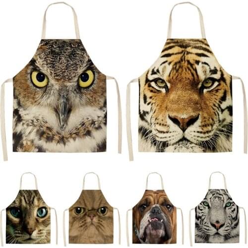 1Pcs Cat Tiger Dog Owl Printed Kitchen Apron Sleeveless Cotton Linen Aprons For Cooking Home Cleaning Tools 53*65cm MA0058
