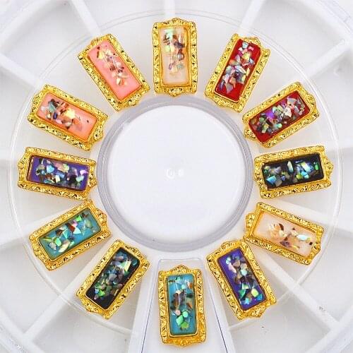 12 pcs metal Golden edge Glitter rectangle shell rhinestones 3D Nail Decoration Manicure Wheel nails jewelry accessoires tools