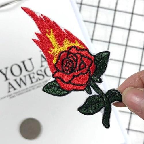 2PCS/lot Flame Rose Flower Patch for Clothing Bags DIY Decorative Accessories Fire Floral Embroidery Appliques Iron on Patches