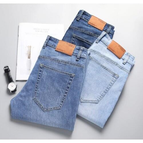 2021 Summer Lightweight Cotton Breathable Mens Jeans Stretch Denim Pants Slim Straight Fashion Casual Solid Trousers Male