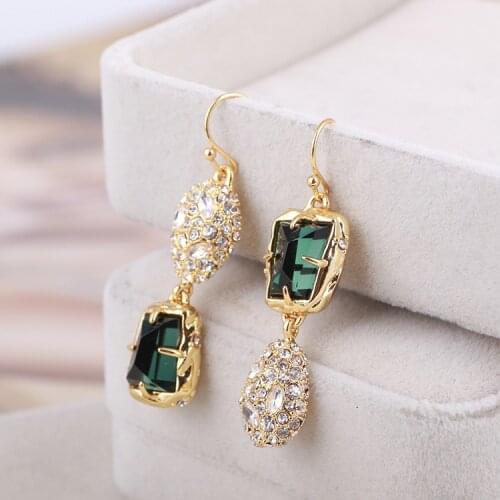 Green irregular gemstone inlaid with diamonds asymmetric fashion earrings