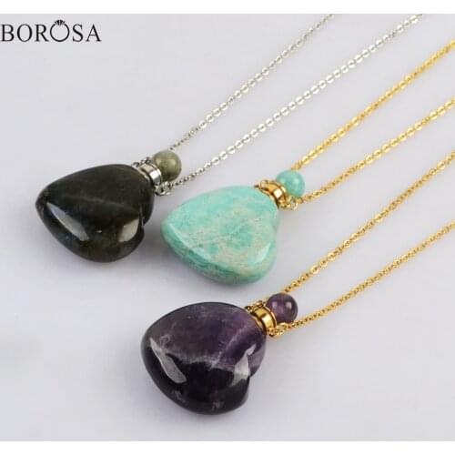BOROSA 19inch Heart Shape Gems Stones Perfume Bottle Diffuser Necklace Amethysts Necklace Perfume Bottle Necklace Gifts WX1828