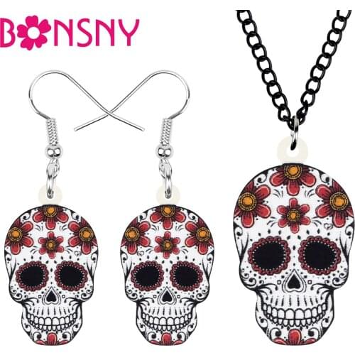 Bonsny Acrylic Halloween Skull Jewelry Sets Print Floral Flower Aesthetic Earrings Necklace For Women Girls Ethnic Festival Gift