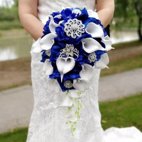 Royal Blue Wedding Bouquet Bridal Bouquet Wedding Flowers Artificial Pears Rhinestone White Calla Lilies Ramos de novia