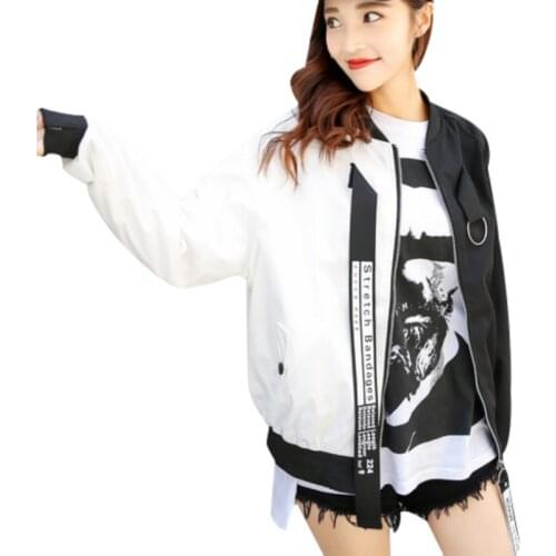 Patchwork Casual Bomber Jacket Women Two Tone Patch Back Autumn Jackets 2020 New Letter Ribbon Zip Up Jackets for Women