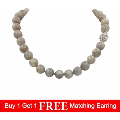 LiiJi Unique Natural Stone Gray Labradorite 12mm Round Beads Magnet Clasp Necklace 18'' Fashion stone necklace