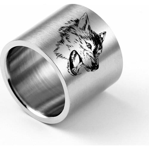 MANGOSKY 18mm Dull Silver Color Vintage Titanium Ring for Men Personalized Wolf Rings