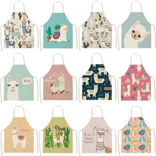 Cute Alpaca Cactus PrintedCotton Linen Sleeveless Aprons Kitchen Women Pinafore Home Cooking Baking Waist Bib 53*65cm WQL0149