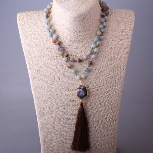 Fashion Amazonite Stones Rosary Chain Druzy Link Long Tassel Necklace Handmade Women Natural Stone Necklace