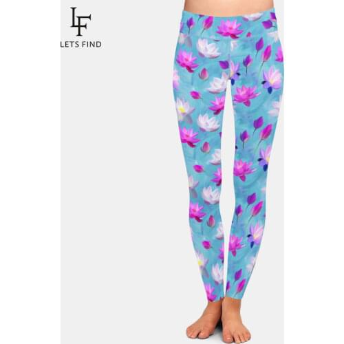 LETSFIND Fashion Lotus Flowers Digital Printing Women High Waist Elastic Pants High Quaility Plus Size Workout Stretch Leggings