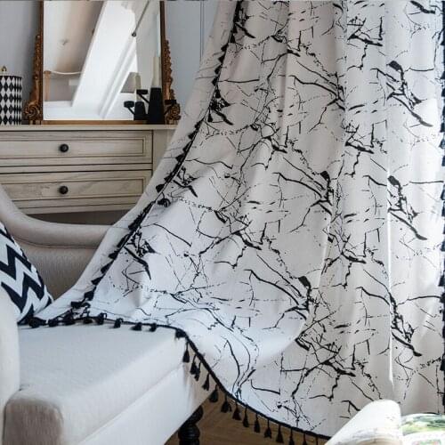 Nordic Style Marble Curtain For Bedroom Living room Cotton Linen Printed Decorative Curtains with Tassel Home Decoration