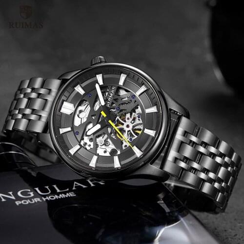 RUIMAS Mens Automatic Watches Stainless Steel Mechanical Wristwatch Man Waterproof Skeleton Watch Relogios Masculino Clock 6770