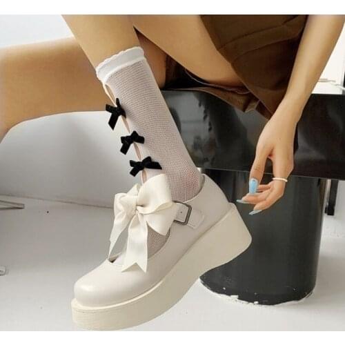 New Bow Lolita Shoes Women Japanese Style Mary Jane Shoes Women Vintage Girls High Heel Platform Shoes College Student Big Size