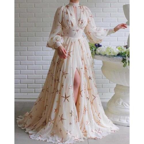 New Womens Turtleneck High Slit Maxi Dress Elegant Starfish Sequined Tunic Dress Evening Party Dress Formal Banquet Long Dress