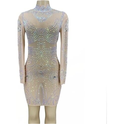 New Women Sexy Stage AB Rhinestone Transparent Short Dress Nightclub Birthday Wedding Celebrate Prom Party Costume Dancer Dress