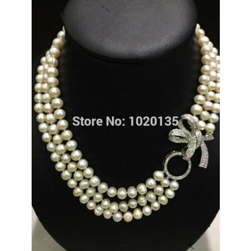 One set 3rows freshwater pearl white near round 8-9mm nature necklace bracelet 17-19inch & zircon hook