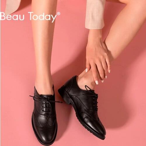 BeauToday Oxfords Women Calfskin Genuine Leather Wingtip Lace-Up Closure Ladies Brogue Flat Shoes Handmade A21069