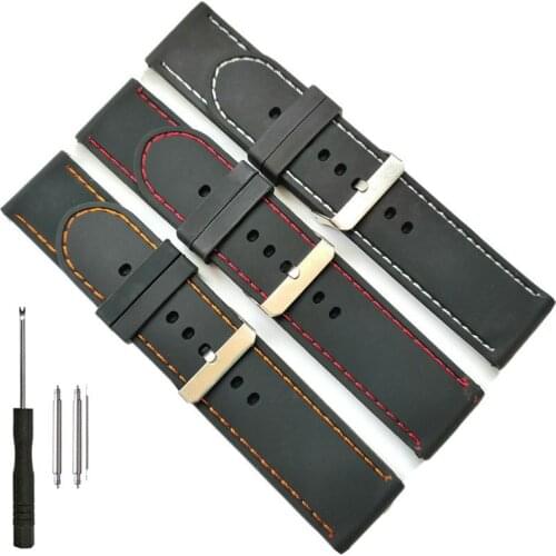 26mm Silicone Rubber Watch Band Contrast Stitched Strap for Fashion Casual Watches Multi Colors Black White Red Orange