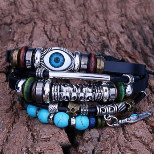 Vintage Feather Turquoise Evil Eye Beaded Multi-layer Leather Rope Bracelet Punk Sunflower Eye Leather Bracelet Phi Beta Sigma