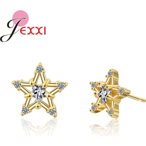 High Quality Women 925 Sterling Silver Gold Color Metal Cubic Zircon Stud Earrings Geometric Korean Concise Sweet Ear Jewelry